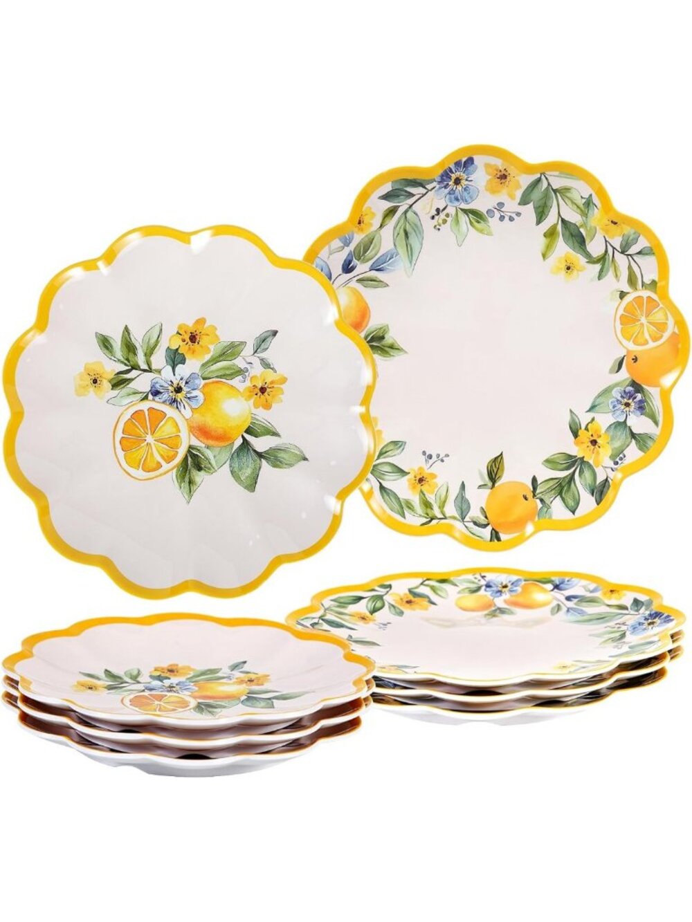 Lemon Print Melamine Plate Set - 8-Piece Dinner & Salad Plates for Entertaining